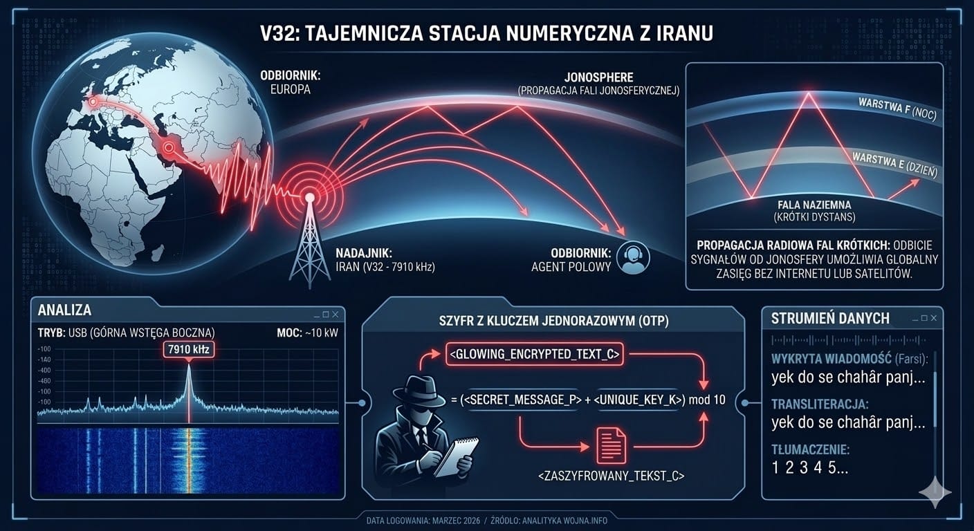 Infografika techniczna przedstawiająca schemat działania irańskiej stacji numerycznej V32 na częstotliwości 7910 kHz, propagację fal krótkich oraz zasadę szyfru OTP
