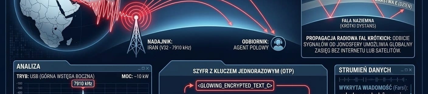 Infografika techniczna przedstawiająca schemat działania irańskiej stacji numerycznej V32 na częstotliwości 7910 kHz, propagację fal krótkich oraz zasadę szyfru OTP